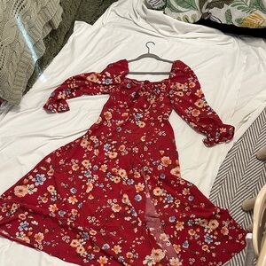 SHEIN Red Floral Long Sleeve Dress